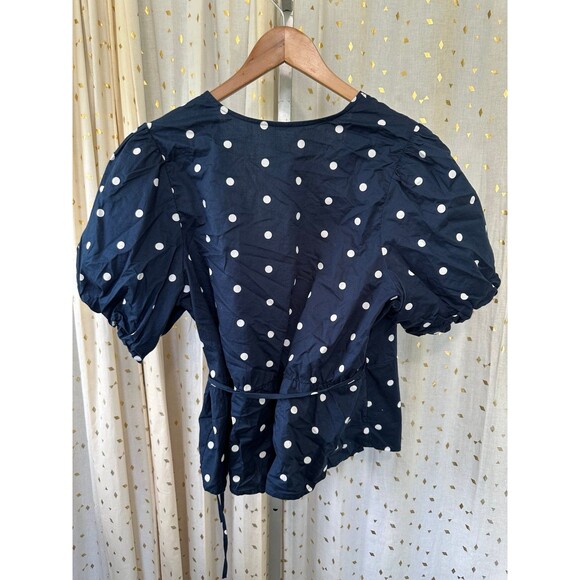Old Navy 100% Cotton Polka Dot Waist Defined Puff-Sleeve Tie-Wrap Blouse XL - Picture 4 of 7